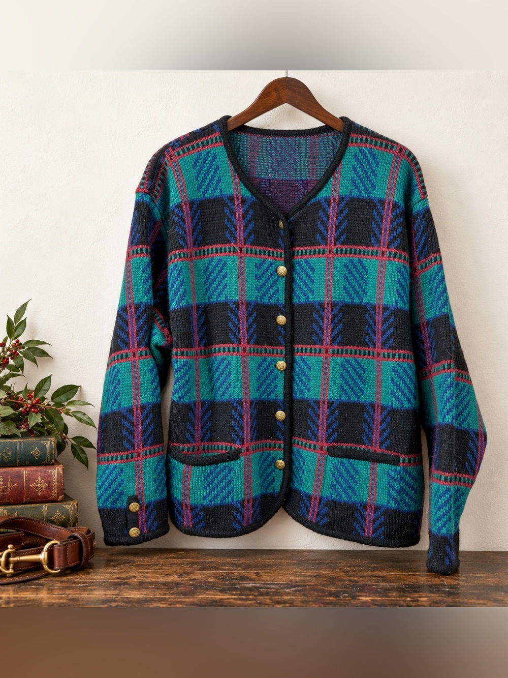 Vintage Plaid Cardigan Brass Crest Buttons Equestrian English Country XL